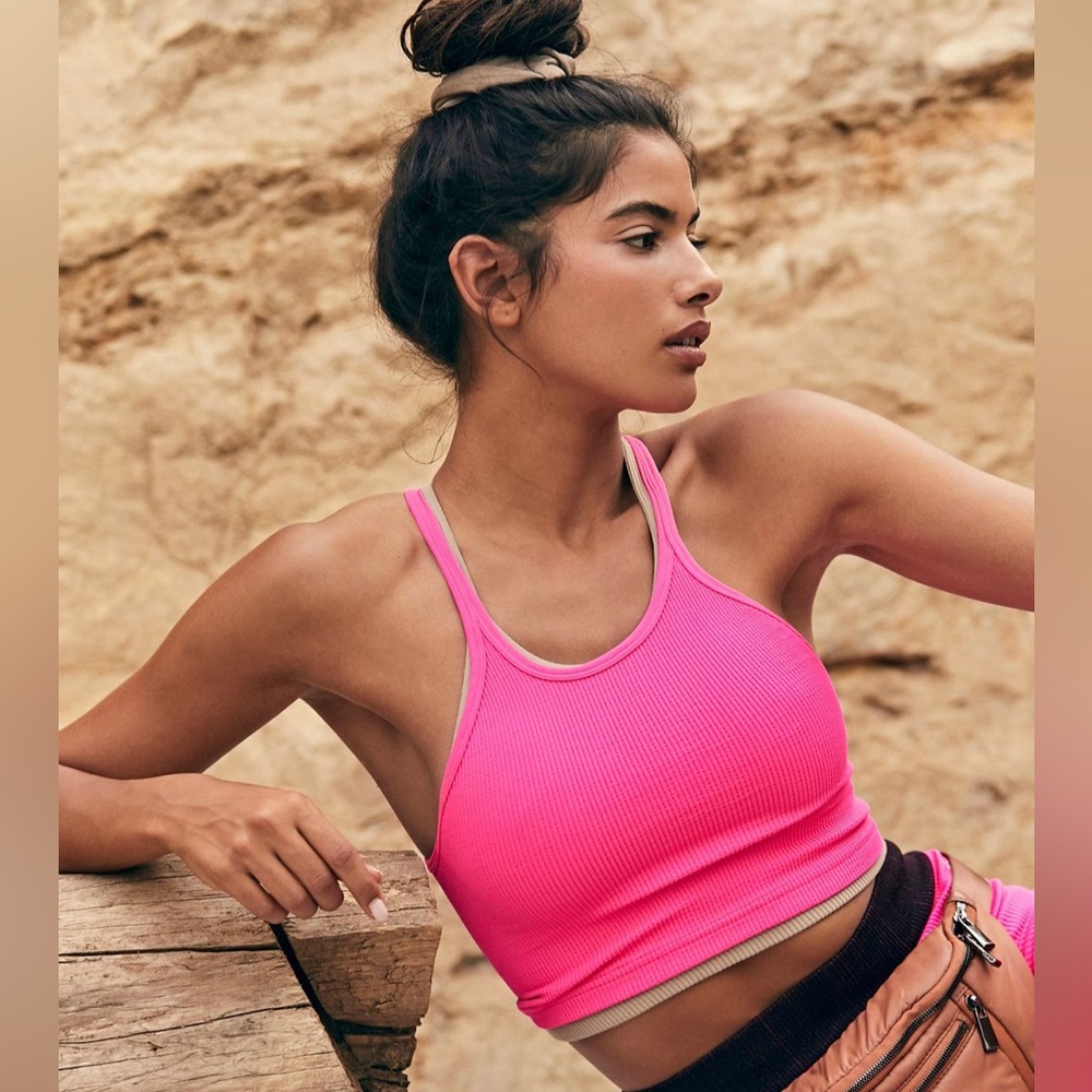 Free People Happiness Runs Ribbed Cropped Tank Top Malibu Pink M/L NEW!